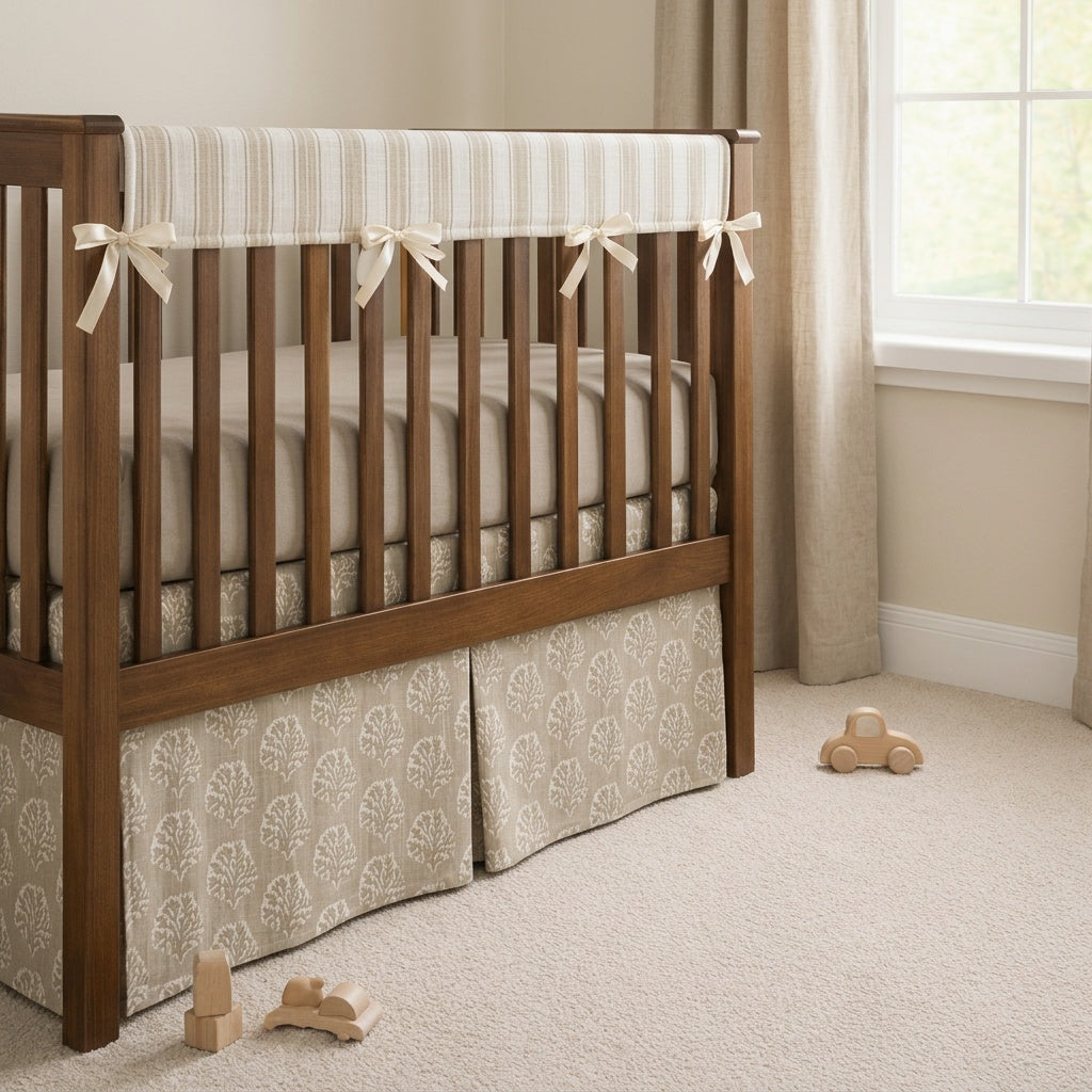 Custom Nursery Set – Crib Skirt, Rail Cover and Nursery Pillow.
