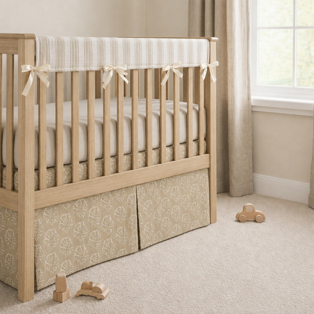 Custom Nursery Set – Crib Skirt, Rail Cover and Nursery Pillow.