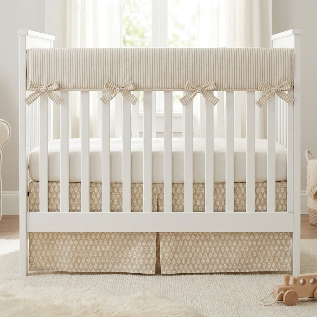 Custom Nursery Set – Crib Skirt, Rail Cover and Nursery Pillow.