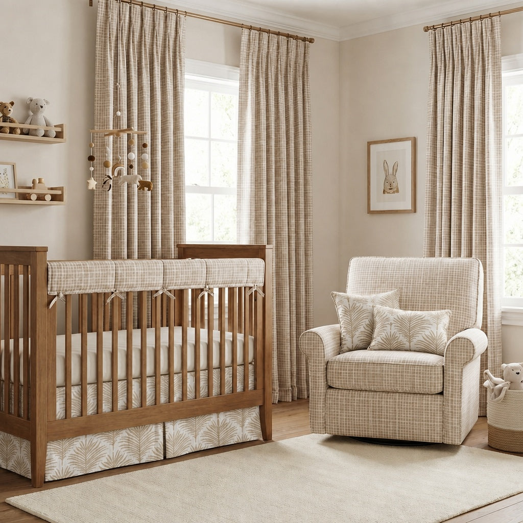 Custom Nursery Set – Crib Skirt, Rail Cover and Nursery Pillow.